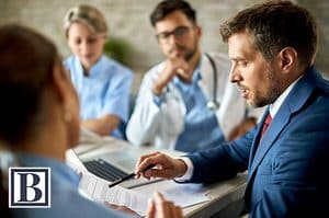 Attorney reviewing financial documents with physicians during a meeting about valuing a medical practice in a New Jersey divorce